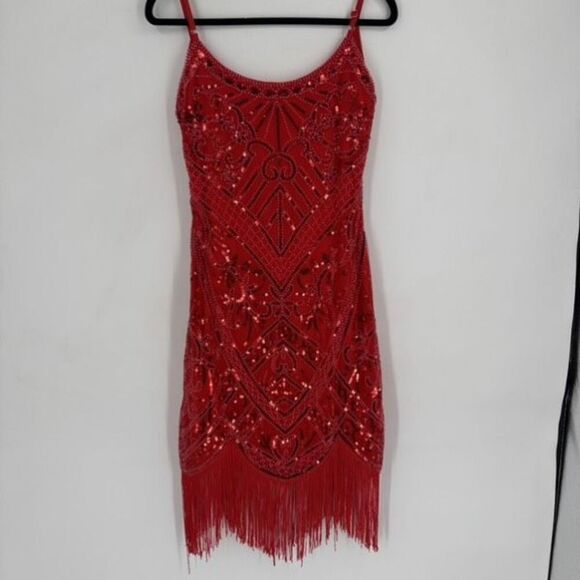 Spirit Halloween‎ Adult Red Sequin Flapper Dress Small Fringe - Picture 9 of 13